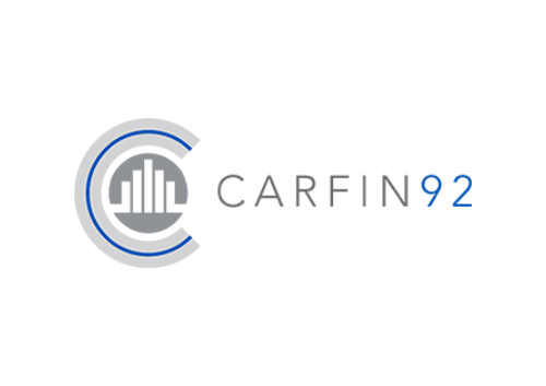 Logo for CARFIN92 featuring a stylized C encircling a bar chart icon in grey and blue, with CARFIN in grey text and 92 in blue to the right of the icon.