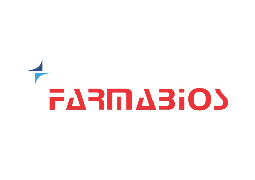 The image shows the FARMABIOS logo, with FARMABIOS written in bold, geometric red letters and a blue abstract star shape to the upper left of the text. The background is white.