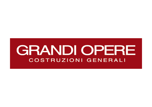 Logo with a red background featuring the white text GRANDI OPERE in large letters and COSTRUZIONI GENERALI in smaller letters below.