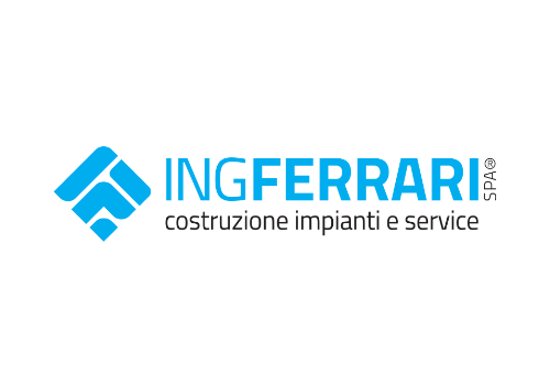 Logo of ING FERRARI SPA featuring a blue abstract geometric symbol on the left, with ING FERRARI in blue text and costruzione impianti e service in black text below.