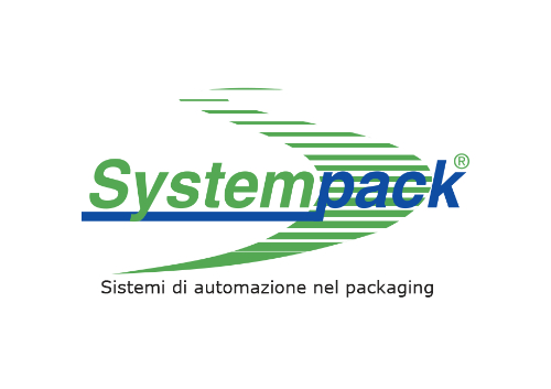 Logo with green and blue text reading Systempack and stylized curved green lines above and below. Below, Italian text says, Sistemi di automazione nel packaging.